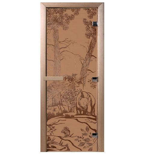 Дверь для саун «Мишки в лесу» бронза матовая 1,9м х 0,7м